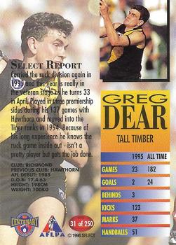 1996 Select AFL #31 Greg Dear Back